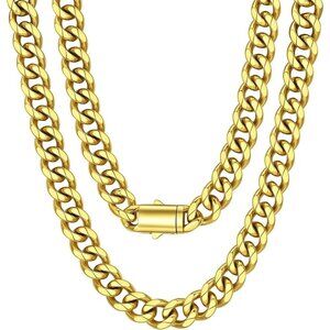 Men's 12MM Width-Gold Stainless Steel Miami Cuban Curb Link Chain Necklace